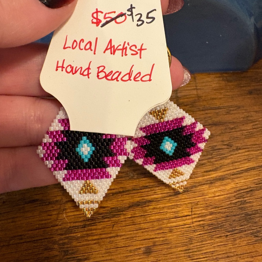 Handmade Beaded Geometric Earrings - Pink, Black, Gold - Picture 3 of 3